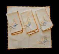 Vintage Set of 4 Hand Embroidered/Crocheted Edge Orange White Butterfly ... - £23.64 GBP