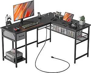 L Shaped Desk With Power Outlets, Computer Desk With Drawer, Reversible ... - $198.99