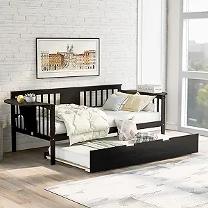 Twin Trundle And Foldable Shelves On Both Sides,Wooden Sofa Bed Living A... - $484.99