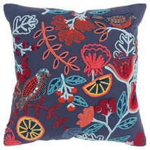 Dark Blue Jacobean Bloom Embroidered Throw Pillow - $1,759.30 MXN