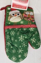 1 Printed Kitchen Oven Mitt (11&quot;) Christmas, 2 Owls &amp; Snowflakes On Green, Am - £6.25 GBP