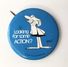 Vtg 1973 Johnny Hart Button Pin Looking For Some Action Comic Caveman 2.25&quot; - $59.99