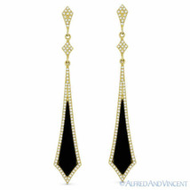 1.43 ct Black Onyx Diamond Pave 14k Yellow Gold Dangling Drop Stiletto Earrings - £873.28 GBP
