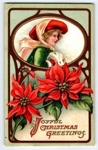 Christmas Postcard Victorian Girl Wearing Muff Hand Warmer Embossed 1910 Germany - £15.86 GBP