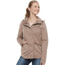 SO Juniors Size L Hooded Jacket Khaki Rodeo Dust Tail Hem Stretch Lightweight - £24.92 GBP