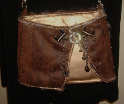 MARY FRANCES Gold Metallic/Brown Faux Leather Purse w/Charms Chain Link ... - $37.11