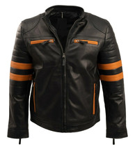 Stylish Men Original Leather Black Biker Jacket Orange Striped Handmade Moto - £84.37 GBP+