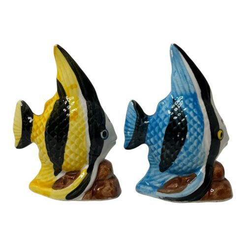 Tropical Angel Fish Salt and Pepper Blue Yellow Black Shakers Vintage - $24.31