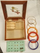 12 Pierced Earrings 6 Bracelets LOT in 6&quot; Faux Stained Glass Wooden Jewelry Box - £15.90 GBP