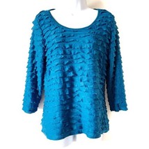 Slinky Brand Blouse Blue Ruffle Top Shirt 3/4 Sleeve Size Small - £11.71 GBP