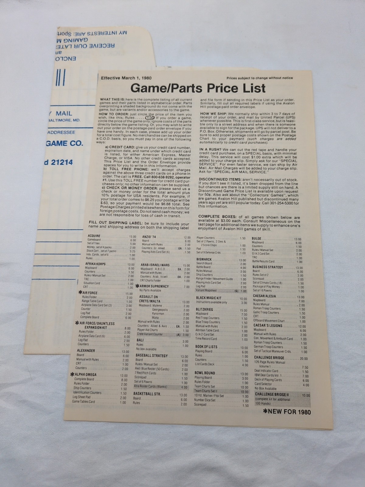 Avalon Hill Game/Parts Price List March 1st 1980 - $9.89