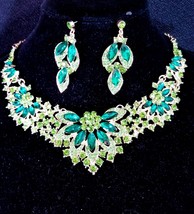 Green Necklace Set, Rhinestone Necklace Earrings, Bridesmaid Crystal Jewelry, Gi - £49.81 GBP