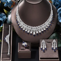 Indian Silver Plated Bollywood Nigeria Style CZ Necklace Royal Blue Jewelry Set - £106.28 GBP