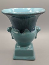 Vintage Art Pottery Redware Teal Drip Glaze Small Footed Urn Vase 5&quot;H 3.75&quot;W - £20.10 GBP