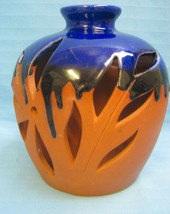 Artist Pottery Vase Red Terracotta Blue Drip Glaze Cut Away Design 5.5&quot; Tall  - £19.97 GBP
