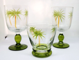 Laurie Gates Gates Ware Three Bahama Palm Tree Glasses Goblets Clear &amp; Green - £23.97 GBP