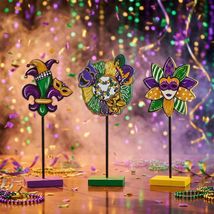 3 Pc Mardi Gras Wood Block Decor Sign Mask Fleur De Lis &amp; Wreath Home De... - $3.42