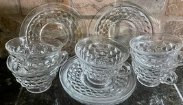 American Whitehall Indiana Glass Clear Footed Cubist Cube Cups + Saucers 10 PC - £30.54 GBP