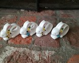 Bunny Rabbit Ceramic Napkin Rings Set of 4, White, Floral Trim 2-1/2&quot; Tall  - £9.48 GBP