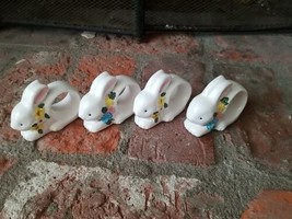 Bunny Rabbit Ceramic Napkin Rings Set of 4, White, Floral Trim 2-1/2&quot; Tall  - £9.46 GBP