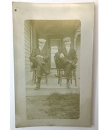 RPPC of 2 Dapper Young Men Sitting Legs Crossed on Porch Identical Outfi... - $20.00