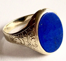 Antique Engraved 14k Gold Lapis Men&#39;s Post Victorian Era Vintage Ring - £2,074.64 GBP