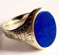 Antique Engraved 14k Gold Lapis Men&#39;s Post Victorian Era Vintage Ring - £2,044.29 GBP