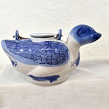 Porcelain Duck Shaped Tea Pot Blue White w Lid &amp; Handle Hand Painted Vintage - £19.33 GBP