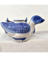 Porcelain Duck Shaped Tea Pot Blue White w Lid & Handle Hand Painted Vintage