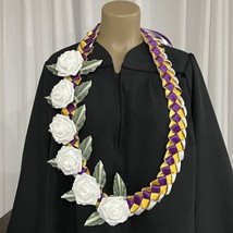 Graduation Money Lei (12) Leaf Bills Purple Gold Four Braided Ribbon Foam Roses - £69.66 GBP