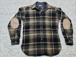 Pendleton Trail Shirt Flannel M Green Wool Plaid Suede Elbow Patch Board... - £25.12 GBP