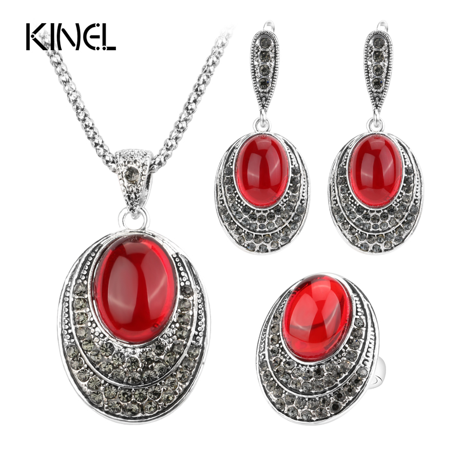 Kinel Fashion Oval Red Jewelry Sets Women Ancient Silver Color Retro Necklaces R - $13.76