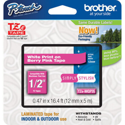 Brother TZeMQP35 12mm 1/2" white on berry pink TZ tape PT D200 D400 2730 2730VP