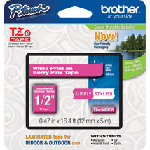 Brother TZeMQP35 12mm 1/2&quot; white on berry pink TZ tape PT D200 D400 2730... - $30.99