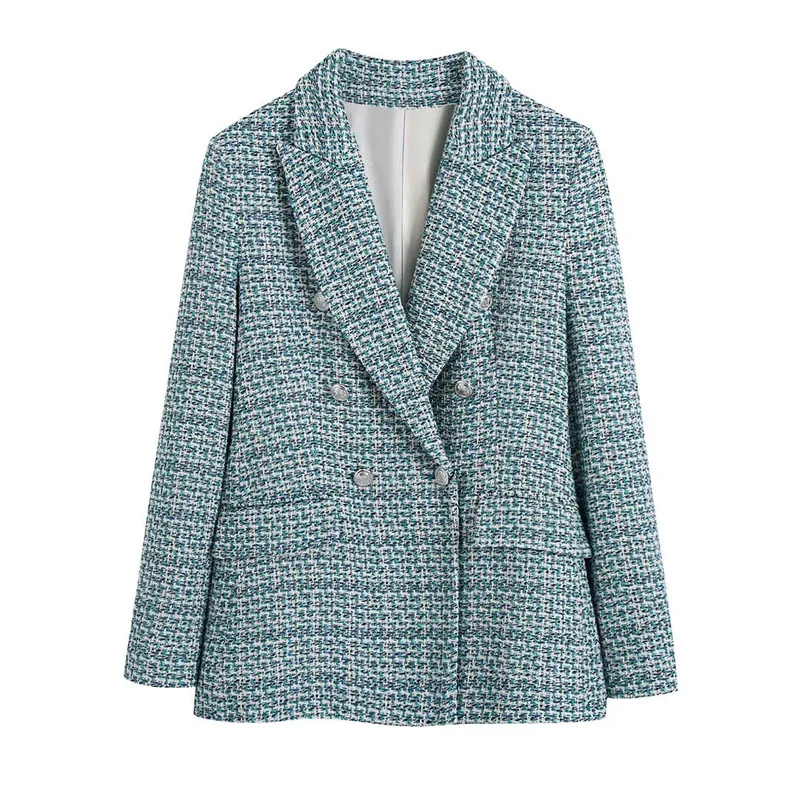 GaraouySpring Women Office Lady Double Breasted Plaid Tweed Blazer Coat Vintage  - £186.39 GBP