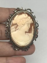 Gorgeous Antique 800 Silver &amp; Marcasite Carved Shell Cameo Pendant Brooch - £199.80 GBP