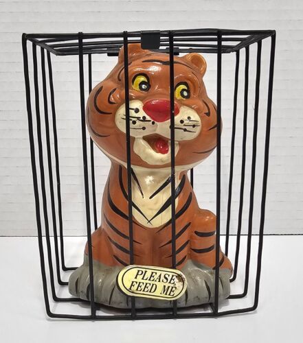 Vtg J.S.N.Y. Composit Anthropomorphic &quot;Please Feed Me&quot; Caged Tiger Bank - $11.65