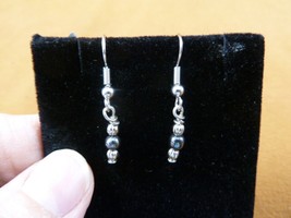 EE-342) 4mm round Black hematite + silver tone bead pair wire dangle EARRINGS - £7.58 GBP