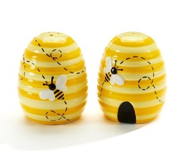 Beehive Salt Pepper Shaker Set 3" high Yellow Black Buzzing Bee Glazed Ceramic - £19.34 GBP