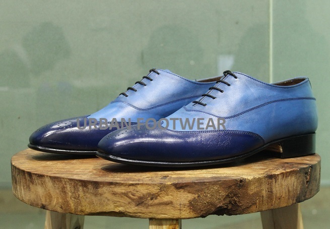 New Mens Handmade Shoes Blue Leather Wingtip Style Two Tone Lace Up Dress Boots