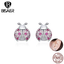 BISAER Earrings 925 Silver Exquisite Insect Ladybugs Stud Earring For Women Part - £18.60 GBP