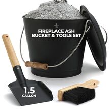 1.5 Gallon Mini Ash Bucket with Lid &amp; Tools - Elegant Black Fireplace So... - $74.20