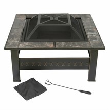 32 Inch Square Tile Fire Pit with Screen Cover Bronze Finish Backyard Lawn - £161.19 GBP