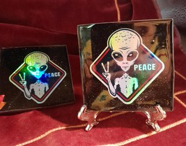 Alien PEACE Coaster SET of Two Unique Mixed Media Gifts Handmade Gift Fr... - $12.99