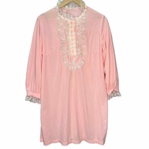 Vintage 50s 60s Trillium Pink Fleece Short Nightgown Lace Size L Long Sl... - £31.51 GBP