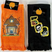 Lot Of 2 Vintage Halloween Fingertip Towels Haunted House Boo Orange Black Bat - £7.38 GBP