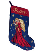 Vintage Large Wool Needlepoint Angel Christmas Stocking PEACE 18.5&quot; Handmade - £23.73 GBP