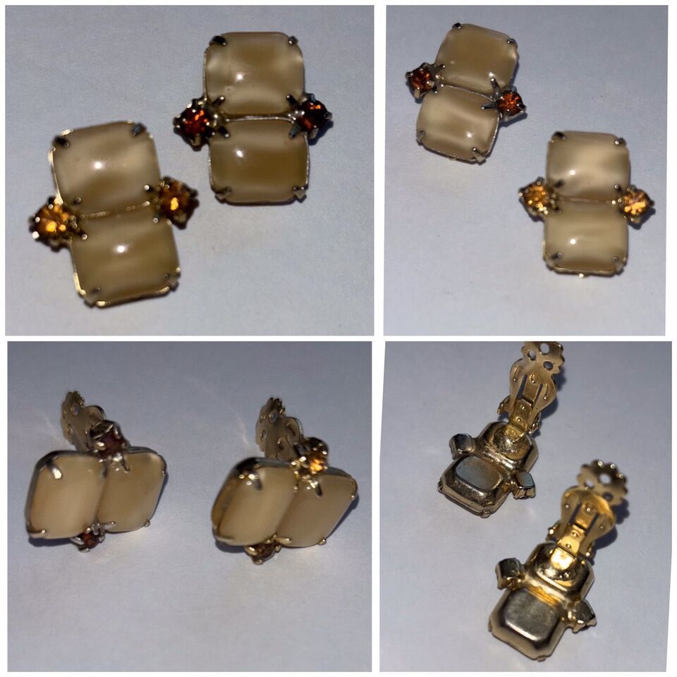 Vintage Clip Earrings Beige Moonglow Glass Cabochons Amber Rhinestones 1... - $18.00