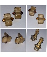 Vintage Clip Earrings Beige Moonglow Glass Cabochons Amber Rhinestones 1... - $18.00
