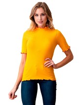 Gold Fitted Ribbed Pullover Top w Ruffle Contrast Trim - S to XL - Hey V... - £19.12 GBP